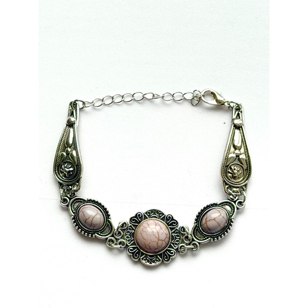 Vintage Silver Tone Antiqued Pink Faux Turquoise Howlite Filigree Link Bracelet